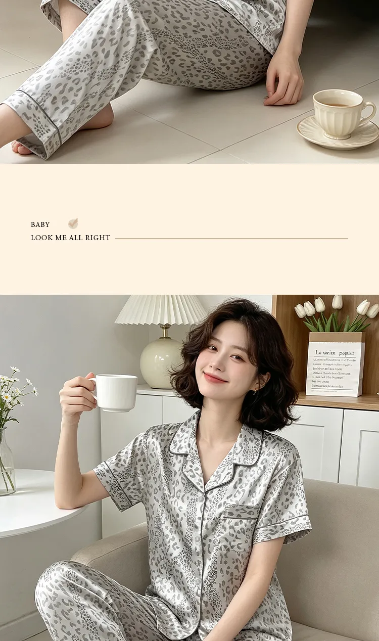 Ensemble pyjama femme manches courtes et pantalon long en soie imitation imprimé léopard gris, style minimaliste tendance ins, Yuanxing 2279 · Grossiste · OEM · Mondial - Detail 9