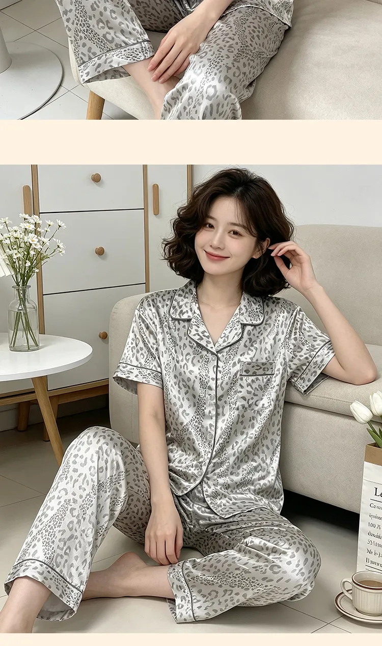 Ensemble pyjama femme manches courtes et pantalon long en soie imitation imprimé léopard gris, style minimaliste tendance ins, Yuanxing 2279 · Grossiste · OEM · Mondial - Detail 10