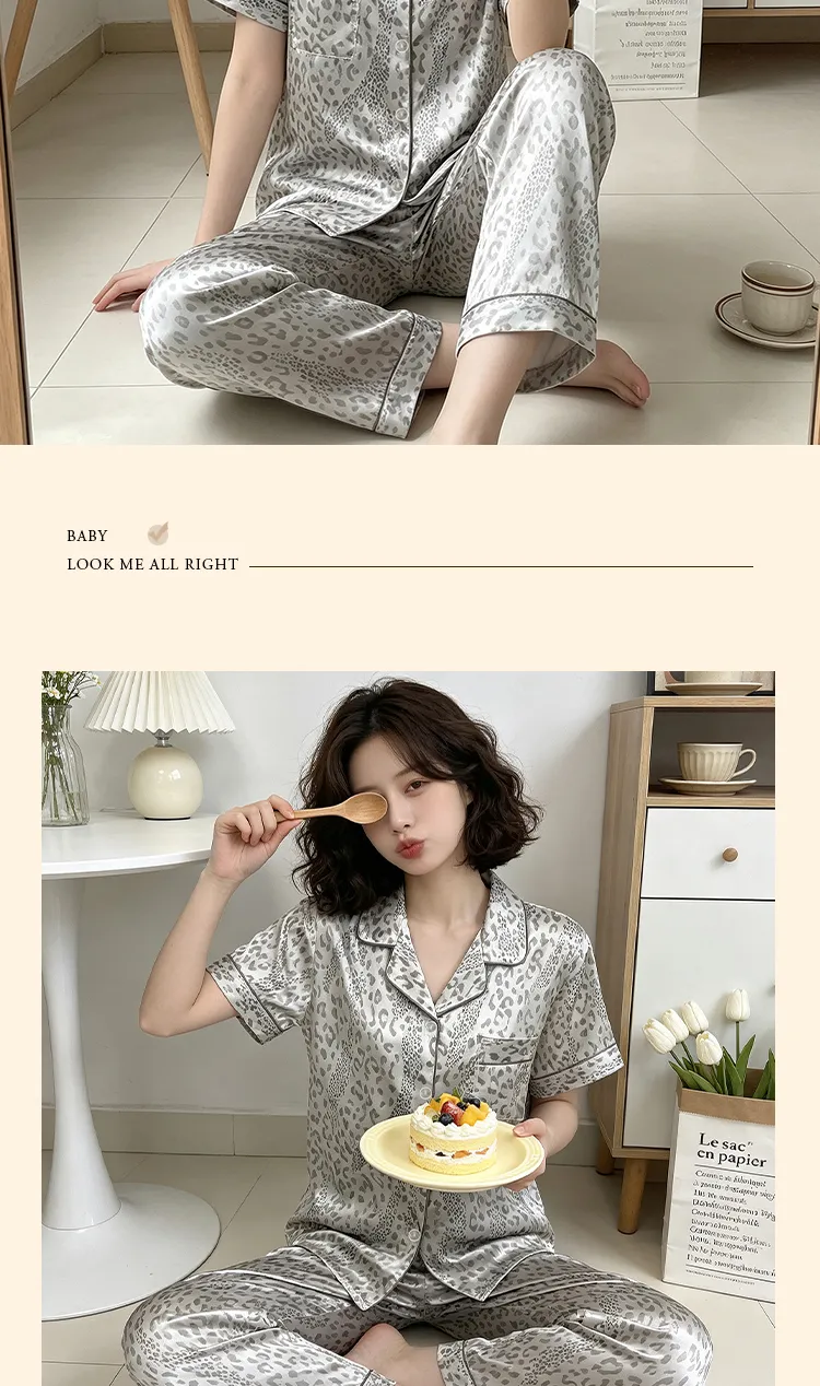 Ensemble pyjama femme manches courtes et pantalon long en soie imitation imprimé léopard gris, style minimaliste tendance ins, Yuanxing 2279 · Grossiste · OEM · Mondial - Detail 5