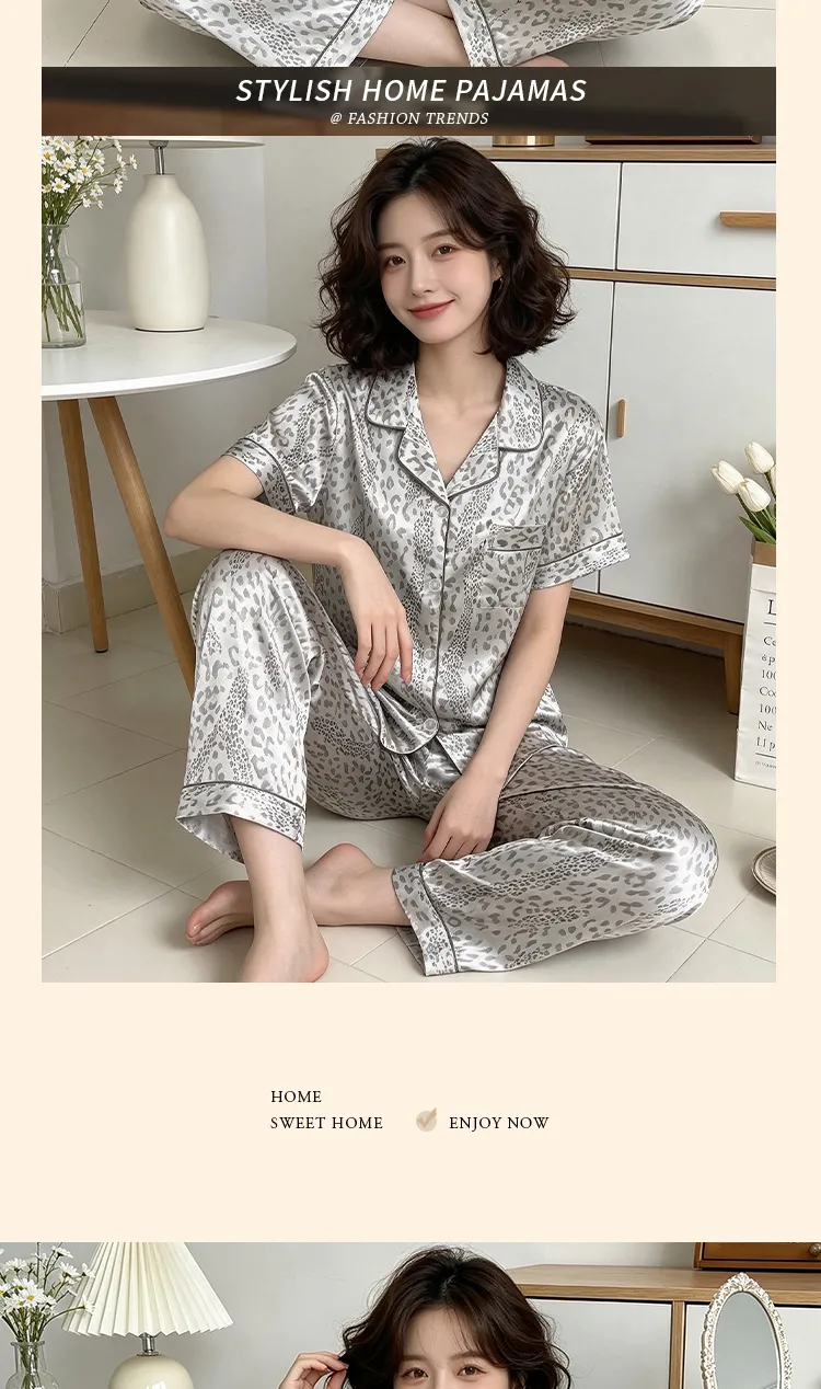 Ensemble pyjama femme manches courtes et pantalon long en soie imitation imprimé léopard gris, style minimaliste tendance ins, Yuanxing 2279 · Grossiste · OEM · Mondial - Detail 6