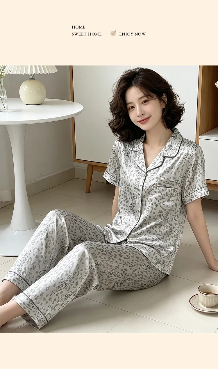 Ensemble pyjama femme manches courtes et pantalon long en soie imitation imprimé léopard gris, style minimaliste tendance ins, Yuanxing 2279 · Grossiste · OEM · Mondial - Detail 11