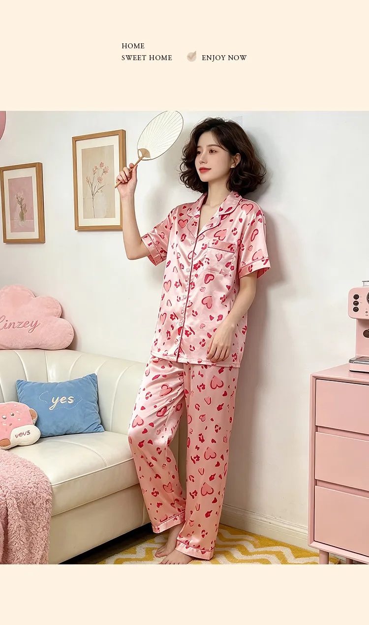 Ensemble pyjama court femme style coréen mignon rose cœur en soie artificielle Source Xing 2280, haut manches courtes et pantalon long · Grossiste · OEM · Mondial - Detail 11