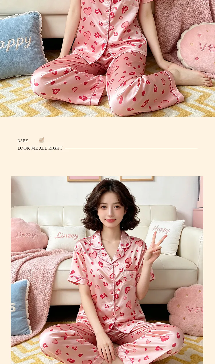 Ensemble pyjama court femme style coréen mignon rose cœur en soie artificielle Source Xing 2280, haut manches courtes et pantalon long · Grossiste · OEM · Mondial - Detail 5