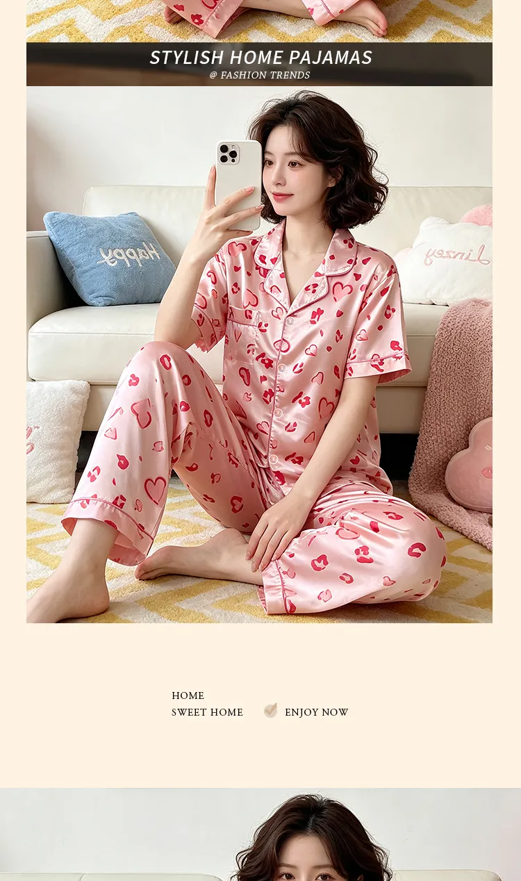Ensemble pyjama court femme style coréen mignon rose cœur en soie artificielle Source Xing 2280, haut manches courtes et pantalon long · Grossiste · OEM · Mondial - Detail 6