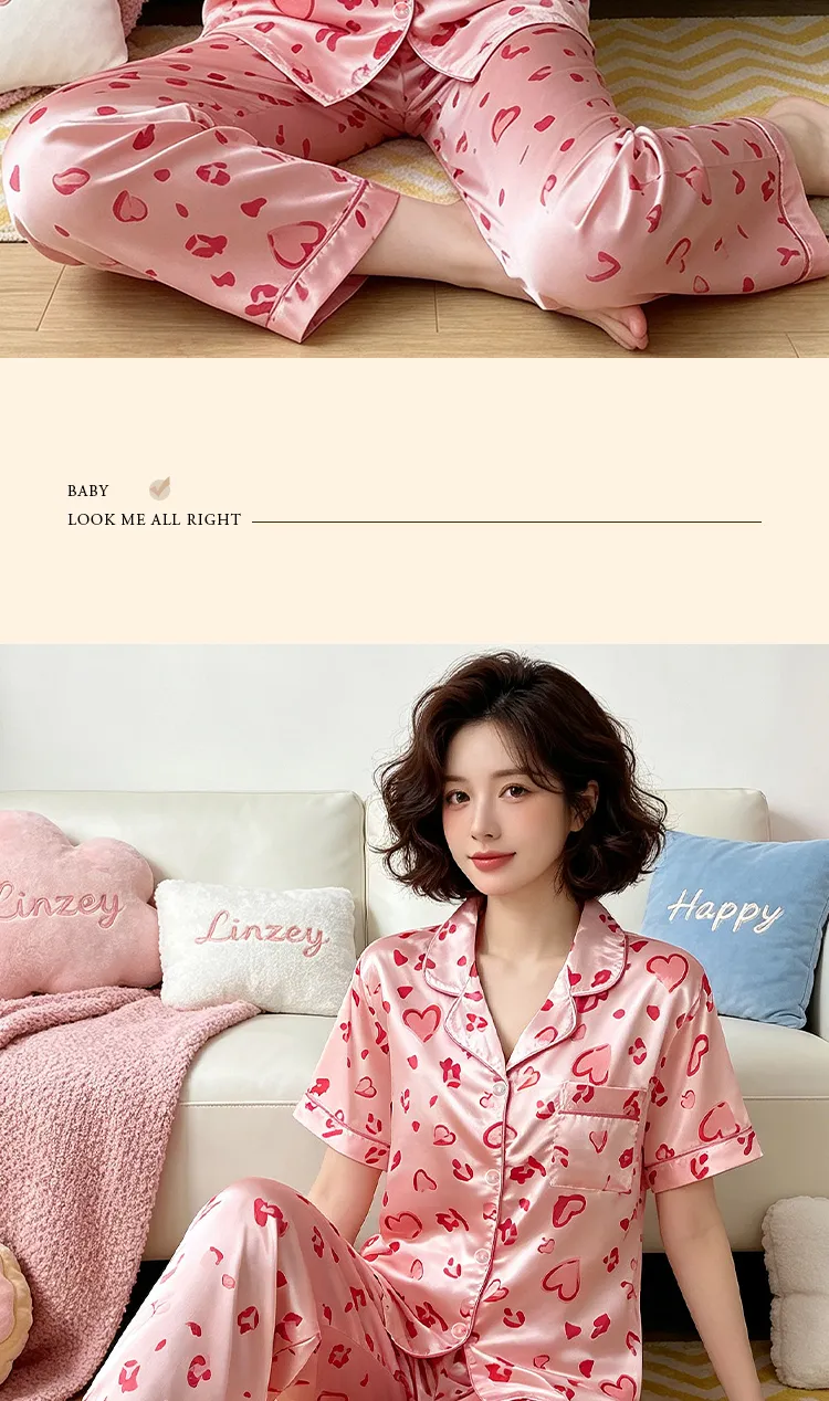 Ensemble pyjama court femme style coréen mignon rose cœur en soie artificielle Source Xing 2280, haut manches courtes et pantalon long · Grossiste · OEM · Mondial - Detail 9