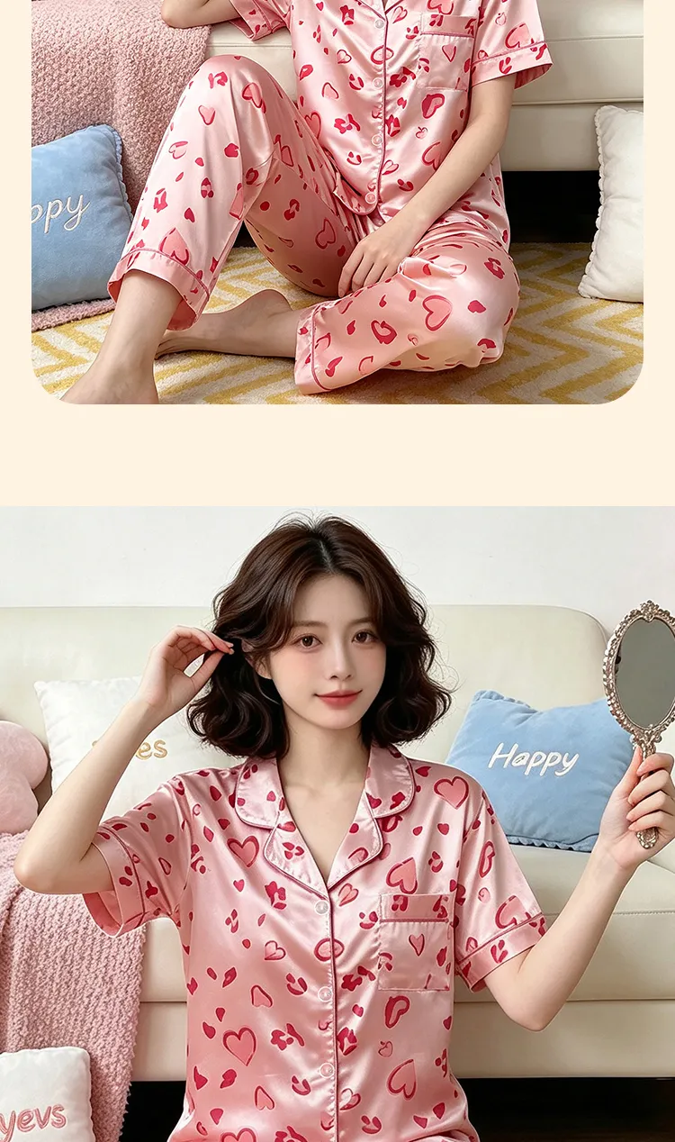 Ensemble pyjama court femme style coréen mignon rose cœur en soie artificielle Source Xing 2280, haut manches courtes et pantalon long · Grossiste · OEM · Mondial - Detail 8