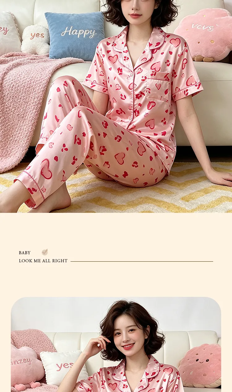 Ensemble pyjama court femme style coréen mignon rose cœur en soie artificielle Source Xing 2280, haut manches courtes et pantalon long · Grossiste · OEM · Mondial - Detail 7