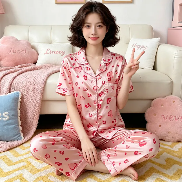 Ensemble pyjama court femme style coréen mignon rose cœur en soie artificielle Source Xing 2280, haut manches courtes et pantalon long · Grossiste · OEM · Mondial - Detail 1