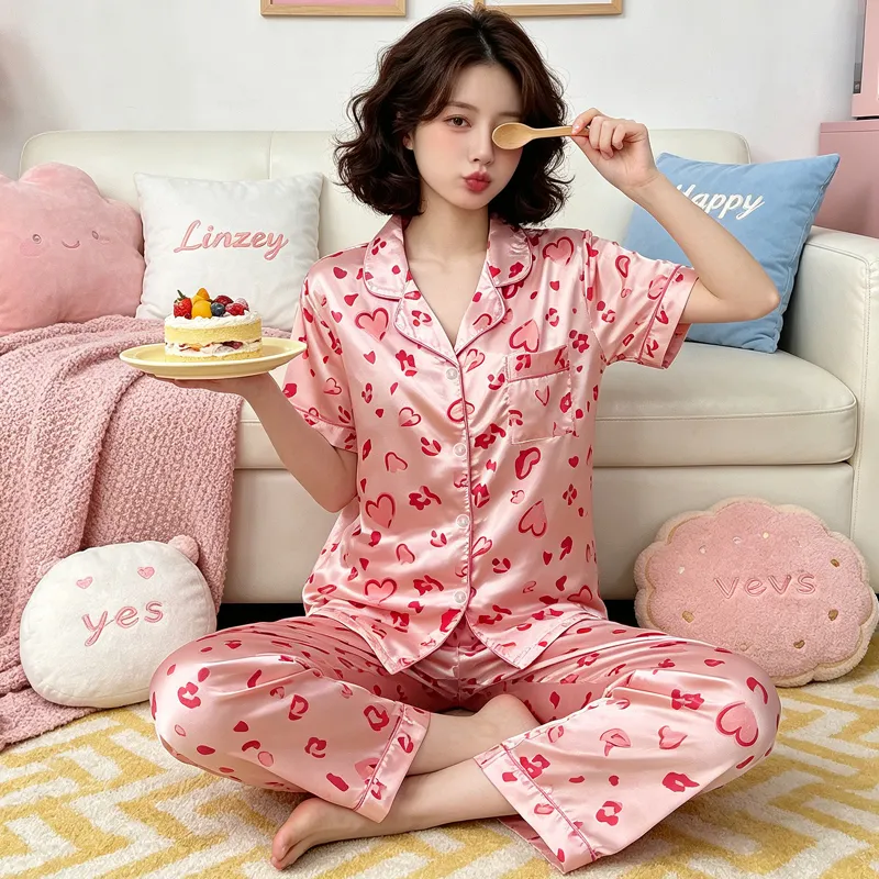Set Piyama Lengan Pendek Celana Panjang Gaya Korea Manis Hati Pink Imitasi Sutra Yuanxing 2280 Ins