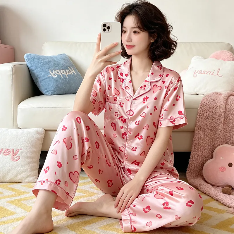 Ensemble pyjama court femme style coréen mignon rose cœur en soie artificielle Source Xing 2280, haut manches courtes et pantalon long · Grossiste · OEM · Mondial - View 3