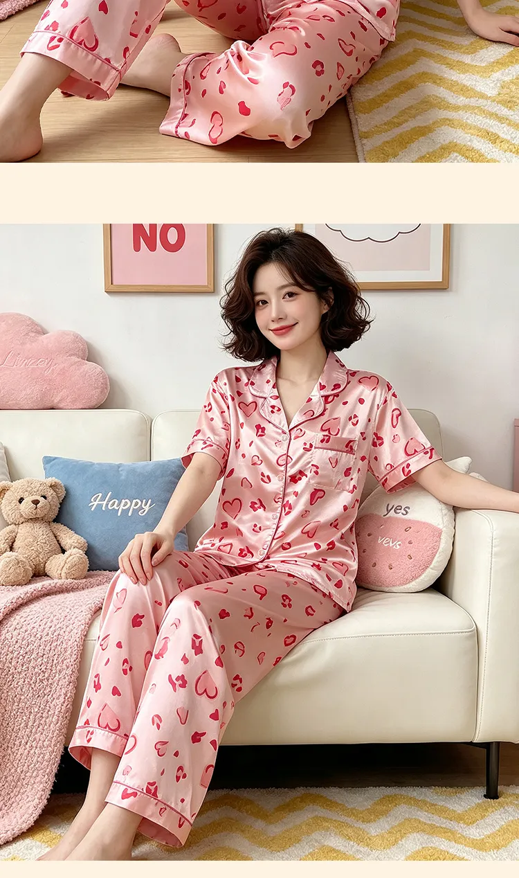 Ensemble pyjama court femme style coréen mignon rose cœur en soie artificielle Source Xing 2280, haut manches courtes et pantalon long · Grossiste · OEM · Mondial - Detail 10