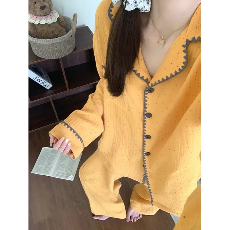 Minimalist Embroidered Pajamas Women Spring Autumn Long Sleeve Cardigan Wearable Outside Two-Piece Set Loungewear · Wholesale · OEM · Worldwide Shipping