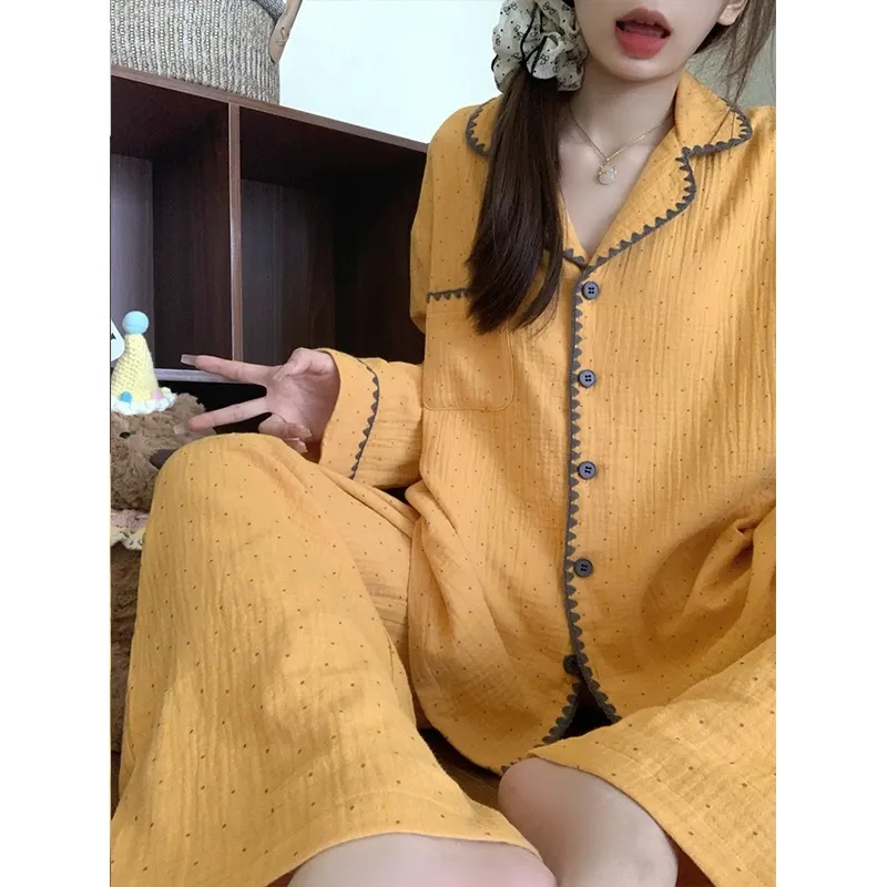 심플 자수 파자마 여성 봄가을 긴팔 카디건 외출 가능 투피스 세트 홈웨어 · 도매 · OEM · 전 세계 배송 - View 2