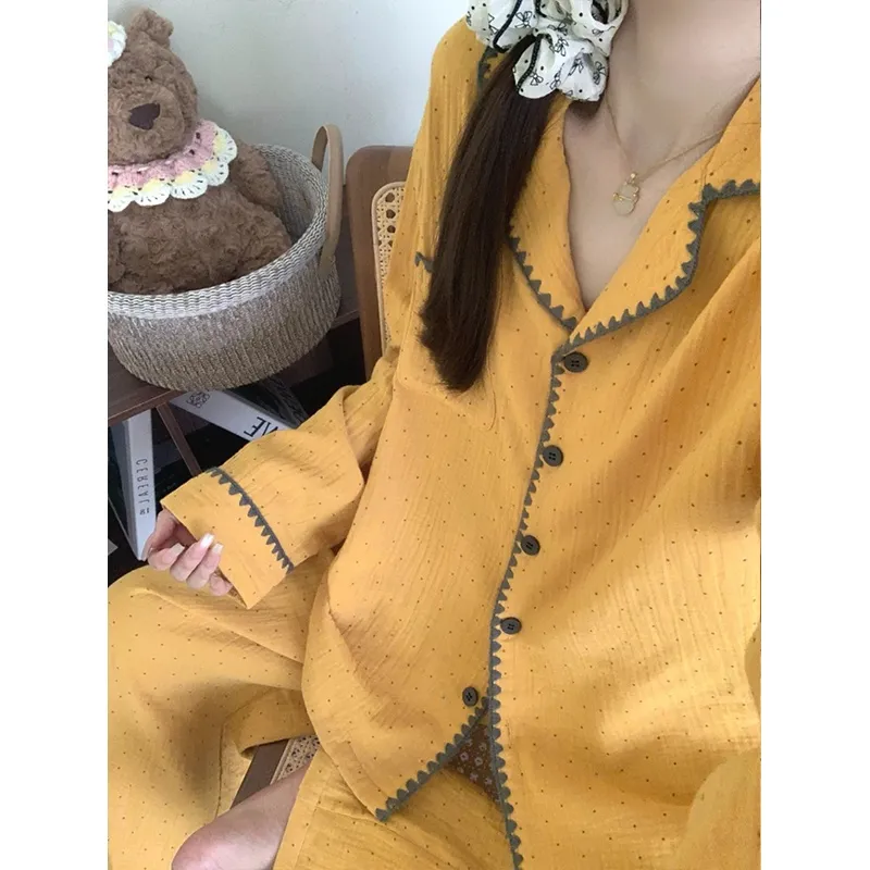 심플 자수 파자마 여성 봄가을 긴팔 카디건 외출 가능 투피스 세트 홈웨어 · 도매 · OEM · 전 세계 배송 - View 3