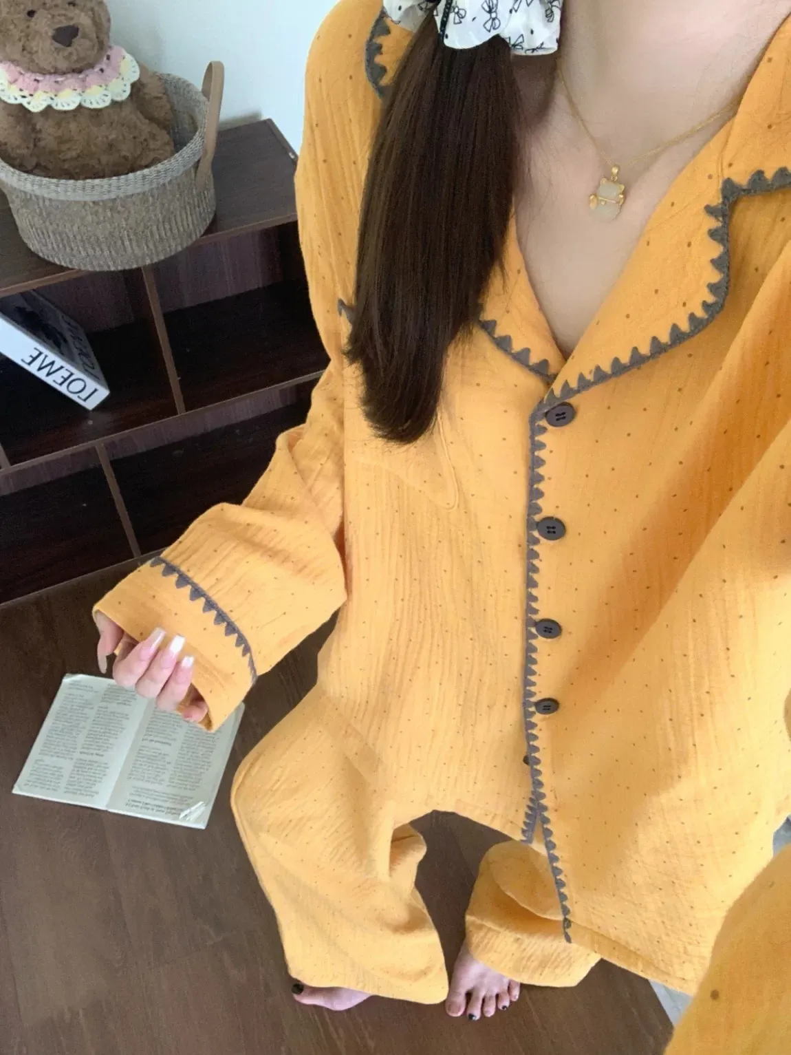 심플 자수 파자마 여성 봄가을 긴팔 카디건 외출 가능 투피스 세트 홈웨어 · 도매 · OEM · 전 세계 배송 - Detail 4
