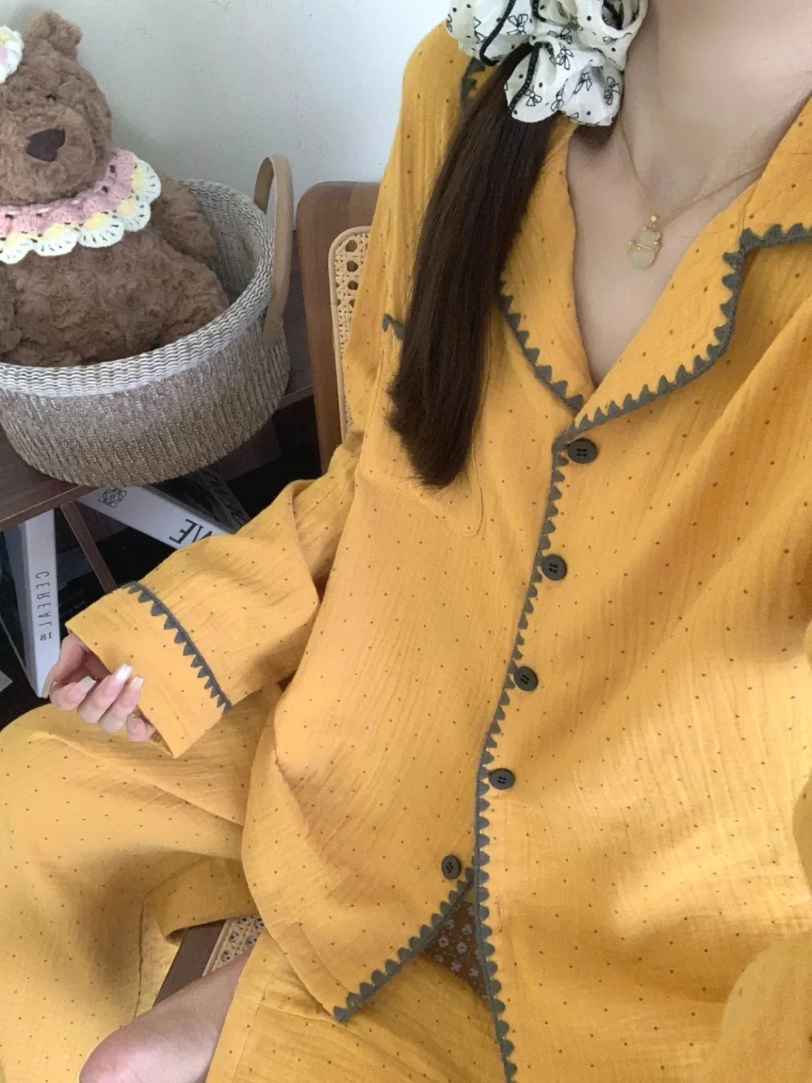 심플 자수 파자마 여성 봄가을 긴팔 카디건 외출 가능 투피스 세트 홈웨어 · 도매 · OEM · 전 세계 배송 - Detail 7