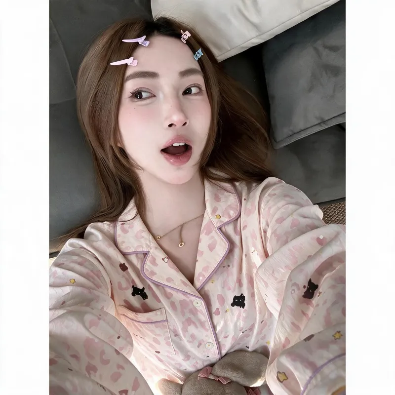 Sexy Pink Leopard Print Minimalist Spring Autumn Pajamas Women Long Sleeve Loungewear Wearable Outside Two-Piece Set · Wholesale · OEM · Worldwide Shipping - View 4