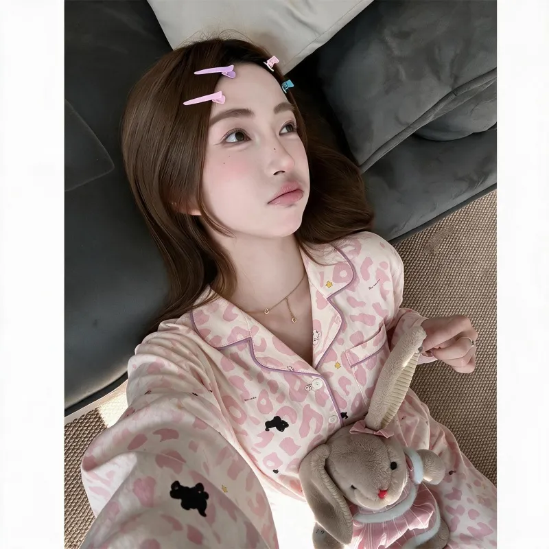 Sexy Pink Leopard Print Minimalist Spring Autumn Pajamas Women Long Sleeve Loungewear Wearable Outside Two-Piece Set · Wholesale · OEM · Worldwide Shipping - View 2