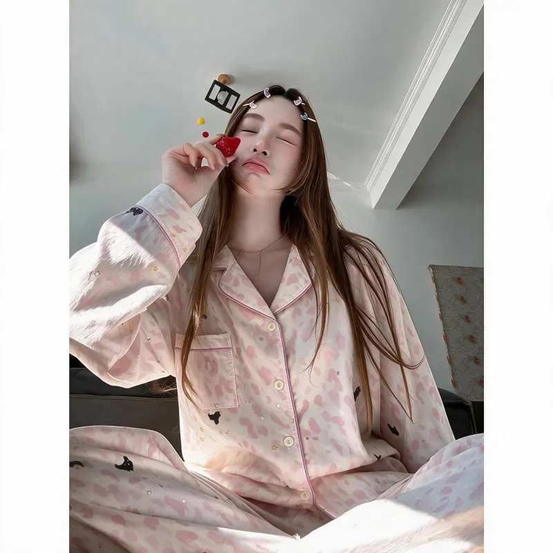Sexy Pink Leopard Print Minimalist Spring Autumn Pajamas Women Long Sleeve Loungewear Wearable Outside Two-Piece Set · Wholesale · OEM · Worldwide Shipping - View 1