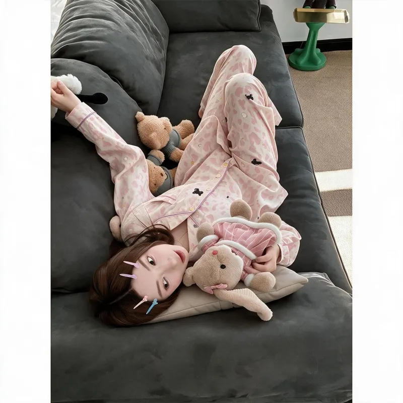 Sexy Pink Leopard Print Minimalist Spring Autumn Pajamas Women Long Sleeve Loungewear Wearable Outside Two-Piece Set · Wholesale · OEM · Worldwide Shipping - View 3