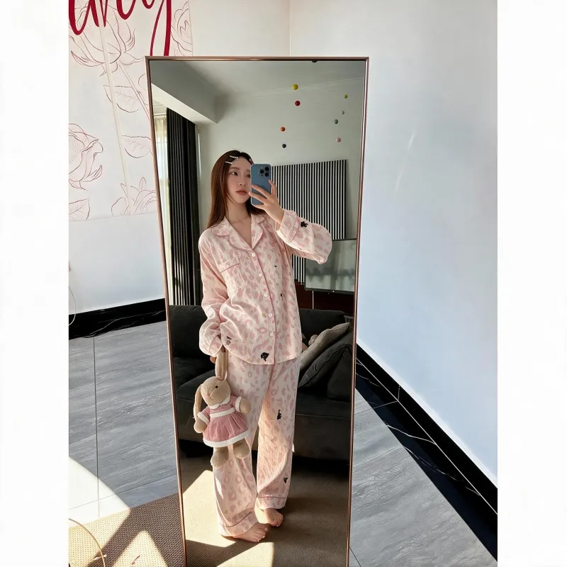 Sexy Pink Leopard Print Minimalist Spring Autumn Pajamas Women Long Sleeve Loungewear Wearable Outside Two-Piece Set · Wholesale · OEM · Worldwide Shipping