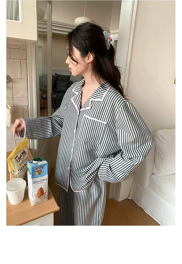 Piyama Wanita Musim Semi Musim Gugur Lengan Panjang Warna Kontras Strip Berkualitas Tinggi Setelan Pakaian Rumah 2 Potong Bisa Dipakai Keluar · Grosir · OEM · Pengiriman Global - Detail 8