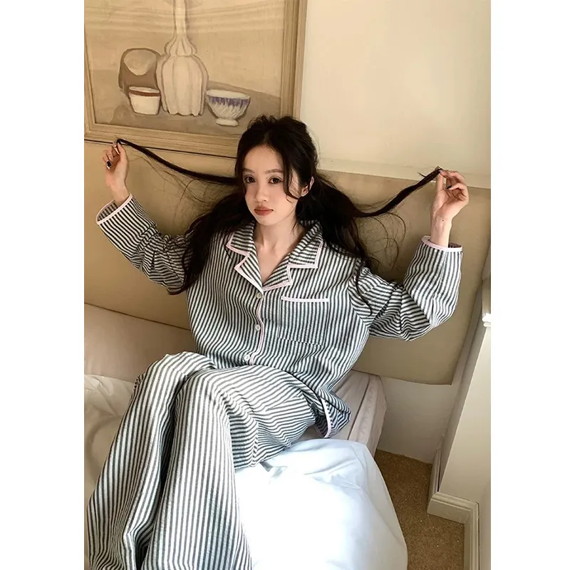 Spring & Autumn Pajamas for Women Long Sleeve Color-Block High-End Striped Loungewear Two-Piece Set Wearable Outside · Wholesale · OEM · Worldwide Shipping