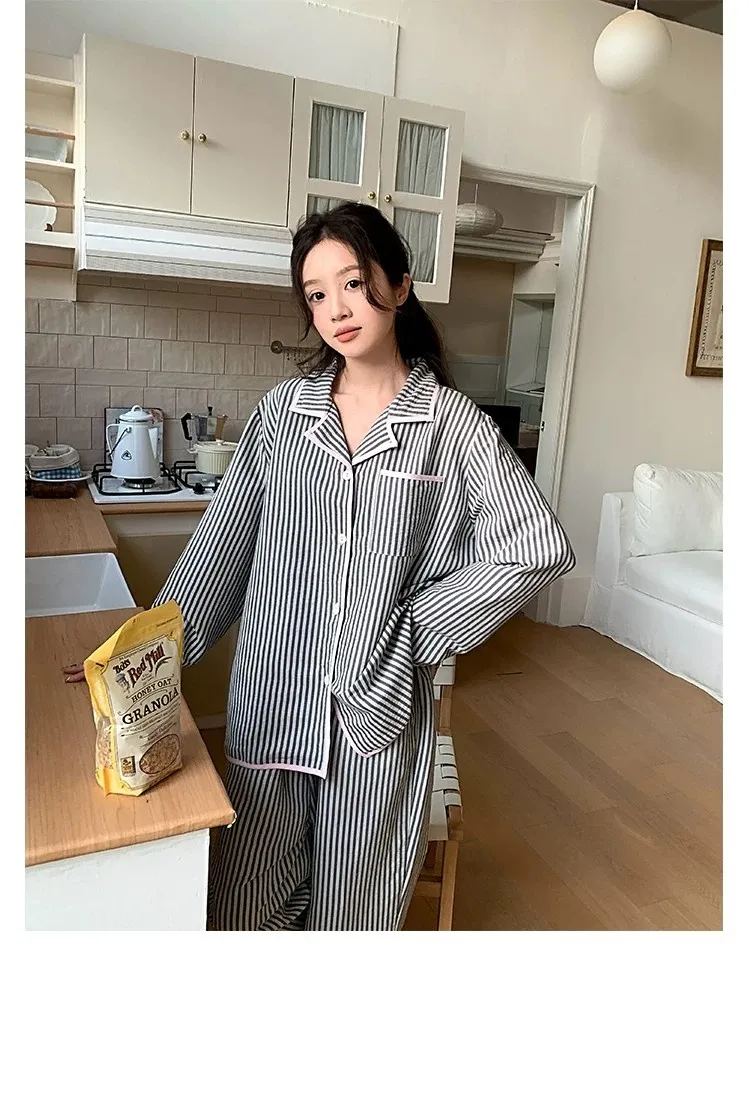 Piyama Wanita Musim Semi Musim Gugur Lengan Panjang Warna Kontras Strip Berkualitas Tinggi Setelan Pakaian Rumah 2 Potong Bisa Dipakai Keluar · Grosir · OEM · Pengiriman Global - Detail 10