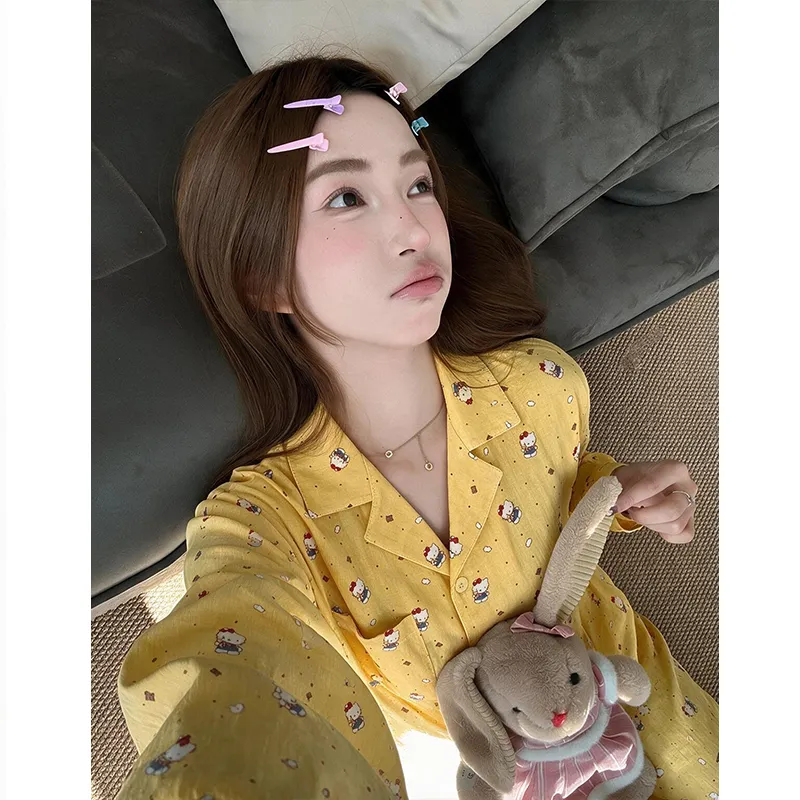 Polka Dot Cartoon Cat Spring and Autumn Pajamas Women Long Sleeve Long Pants Loungewear Wearable Outside Two-Piece Set · Wholesale · OEM · Worldwide Shipping - Detail 4