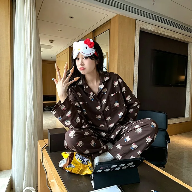 Polka Dot Cartoon Cat Spring and Autumn Pajamas Women Long Sleeve Long Pants Loungewear Wearable Outside Two-Piece Set · Wholesale · OEM · Worldwide Shipping - Detail 2