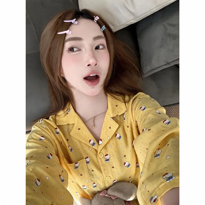 Polka Dot Cartoon Cat Spring and Autumn Pajamas Women Long Sleeve Long Pants Loungewear Wearable Outside Two-Piece Set · Wholesale · OEM · Worldwide Shipping - Detail 8