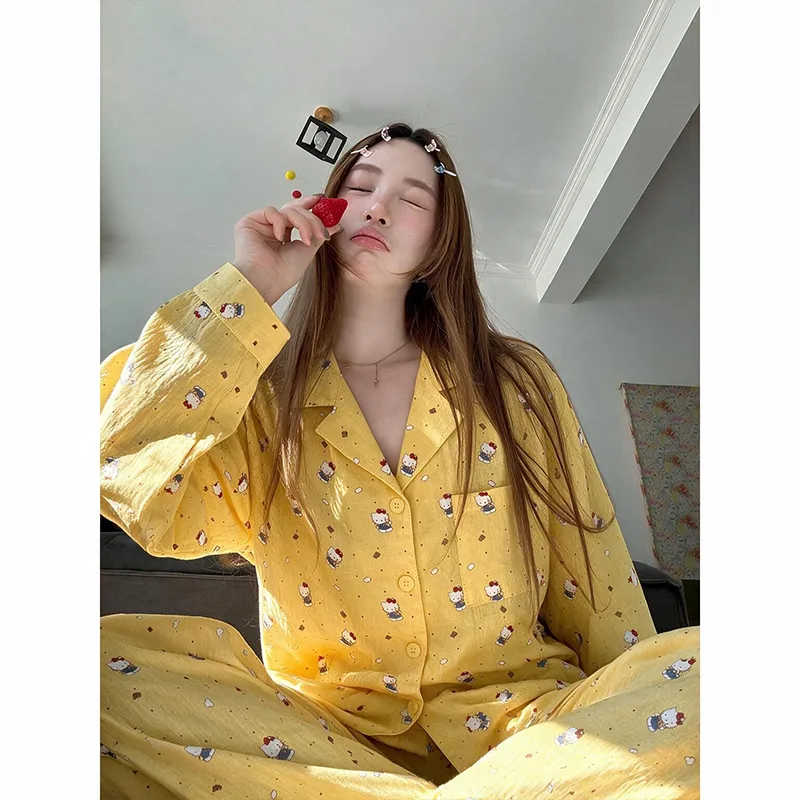 Polka Dot Cartoon Cat Spring and Autumn Pajamas Women Long Sleeve Long Pants Loungewear Wearable Outside Two-Piece Set · Wholesale · OEM · Worldwide Shipping