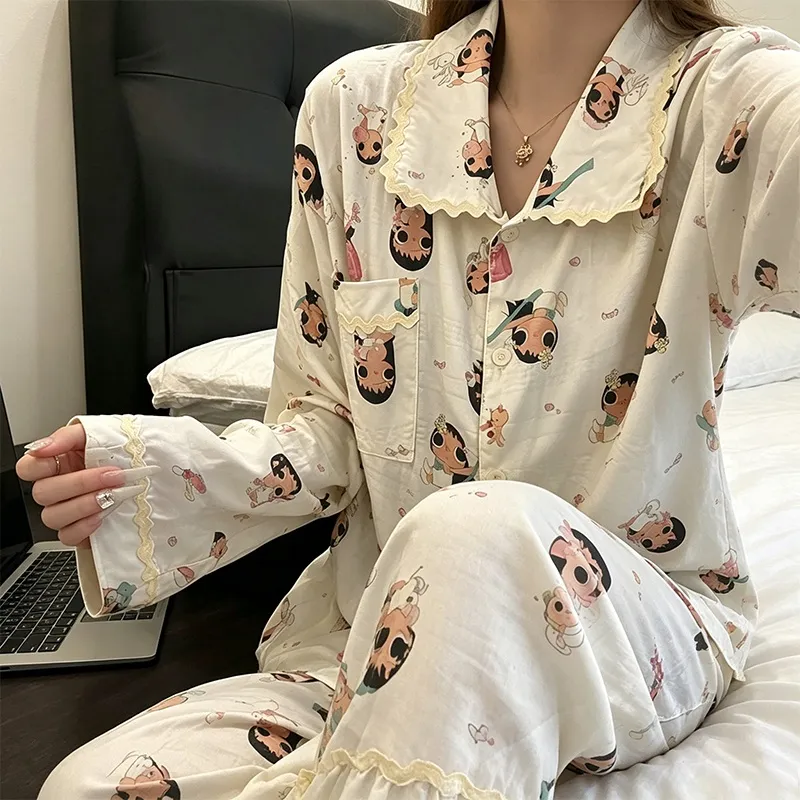 طقم بيجامة نسائية بأكمام طويلة مطرزة بتصميم كرتوني "بوبو شياو يو" للمنزل، قطعتان، لربيع وخريف المرأة · بيع بالجملة · تصنيع حسب الطلب · شحن عالمي - View 4