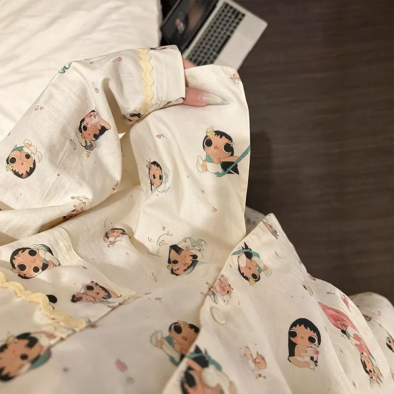 طقم بيجامة نسائية بأكمام طويلة مطرزة بتصميم كرتوني "بوبو شياو يو" للمنزل، قطعتان، لربيع وخريف المرأة · بيع بالجملة · تصنيع حسب الطلب · شحن عالمي - View 3