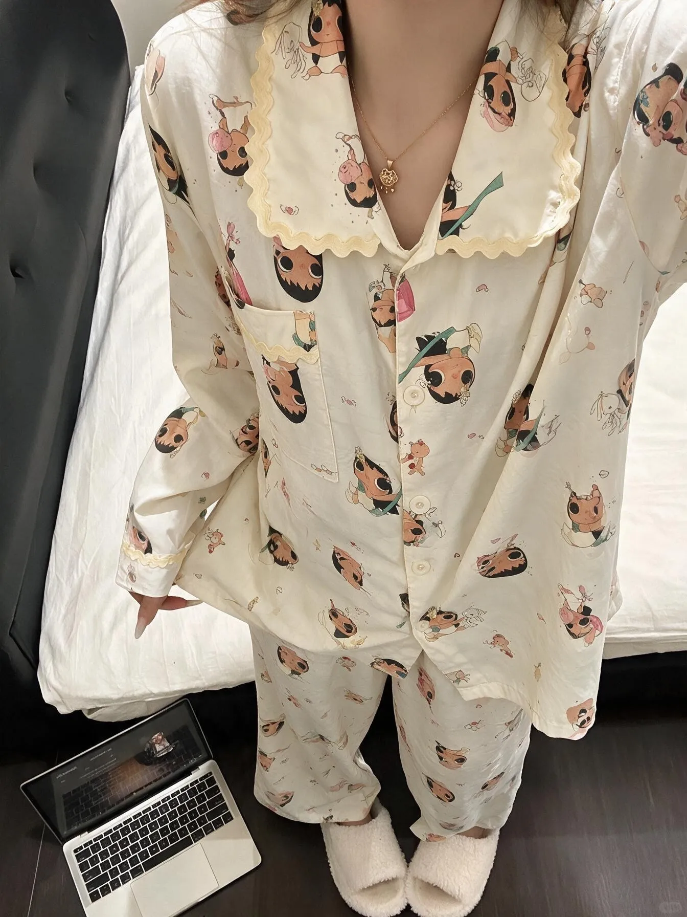 طقم بيجامة نسائية بأكمام طويلة مطرزة بتصميم كرتوني "بوبو شياو يو" للمنزل، قطعتان، لربيع وخريف المرأة · بيع بالجملة · تصنيع حسب الطلب · شحن عالمي - Detail 5