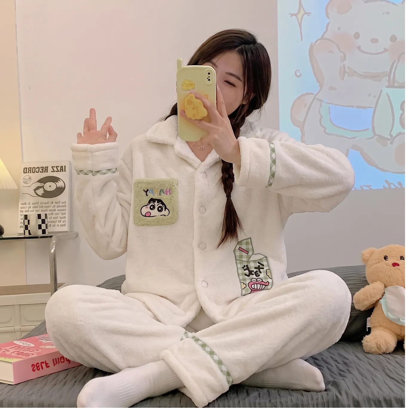 Women's Flannel Pajamas Autumn Winter New 260g Cardigan Lapel Cute Sweet Loungewear Set Wearable Outside · Wholesale · OEM · Worldwide Shipping