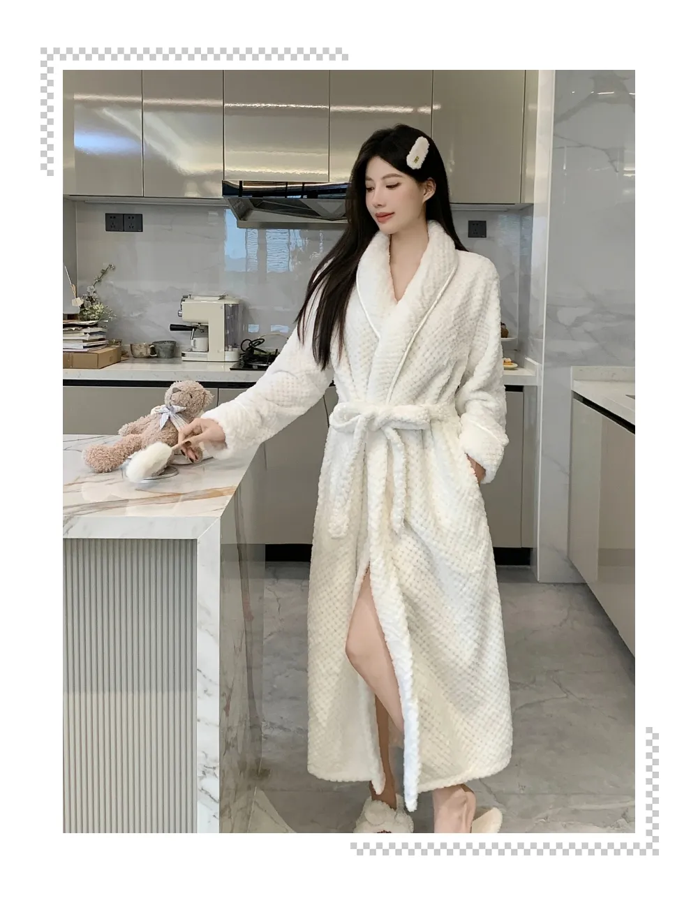 Peignoir femme motif ananas chaud flanelle bathrobe ample ceinture pyjama blanc simple pur désir polaire corail · Grossiste · OEM · Mondial - Detail 7