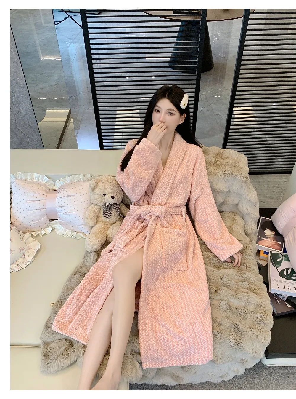 Automne hiver peignoir femme chaud flanelle robe de bain ample ceinture pyjama rose épaissi pur polaire corail · Grossiste · OEM · Mondial - Detail 3