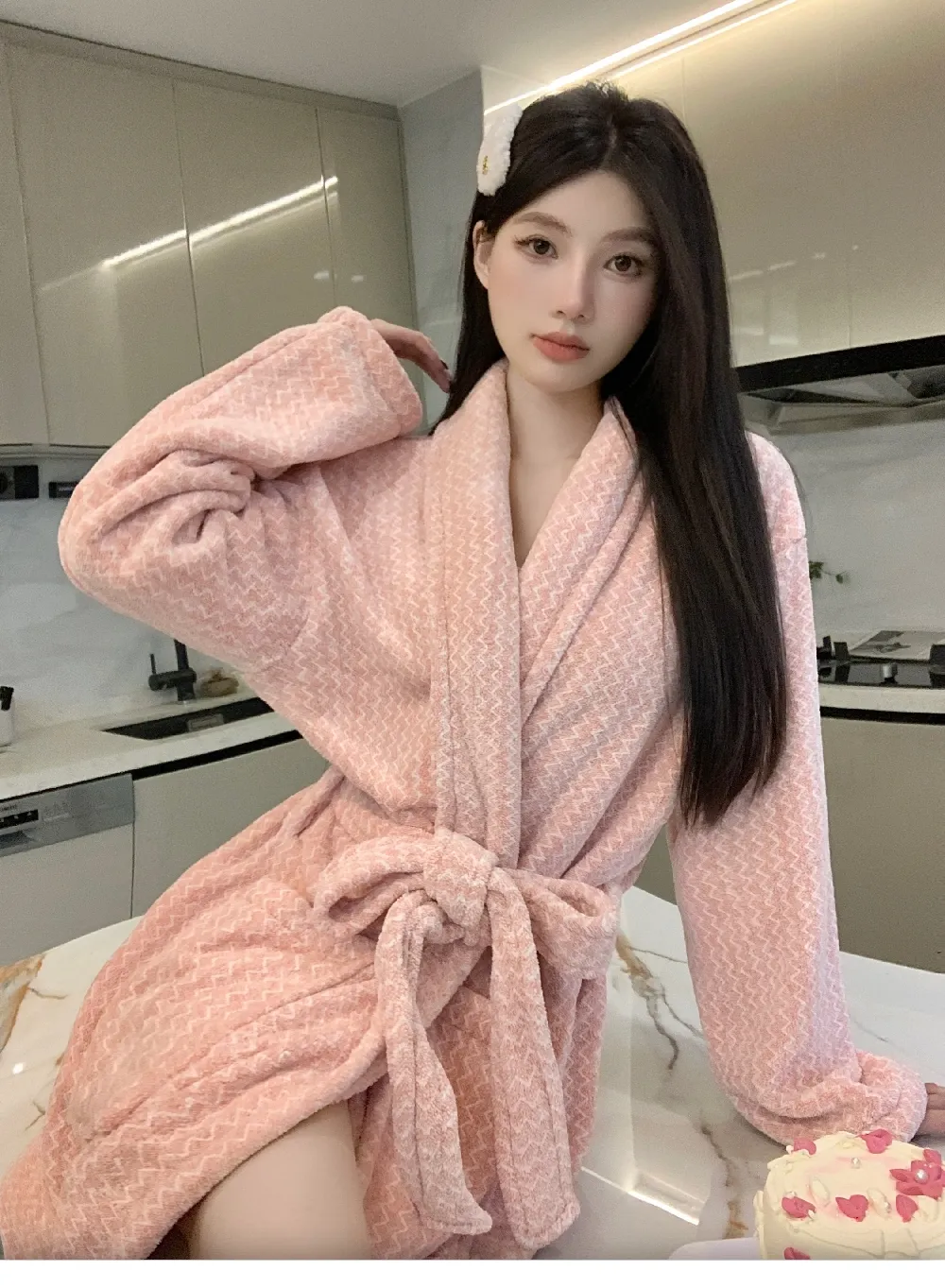 Automne hiver peignoir femme chaud flanelle robe de bain ample ceinture pyjama rose épaissi pur polaire corail · Grossiste · OEM · Mondial - Detail 5