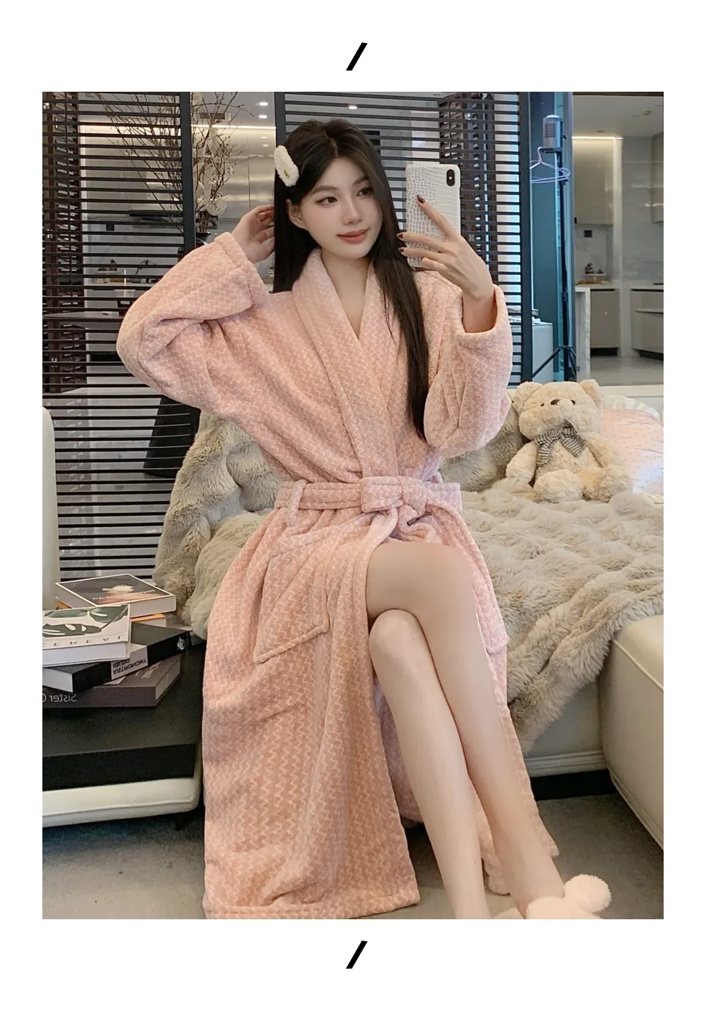 Automne hiver peignoir femme chaud flanelle robe de bain ample ceinture pyjama rose épaissi pur polaire corail · Grossiste · OEM · Mondial - Detail 4