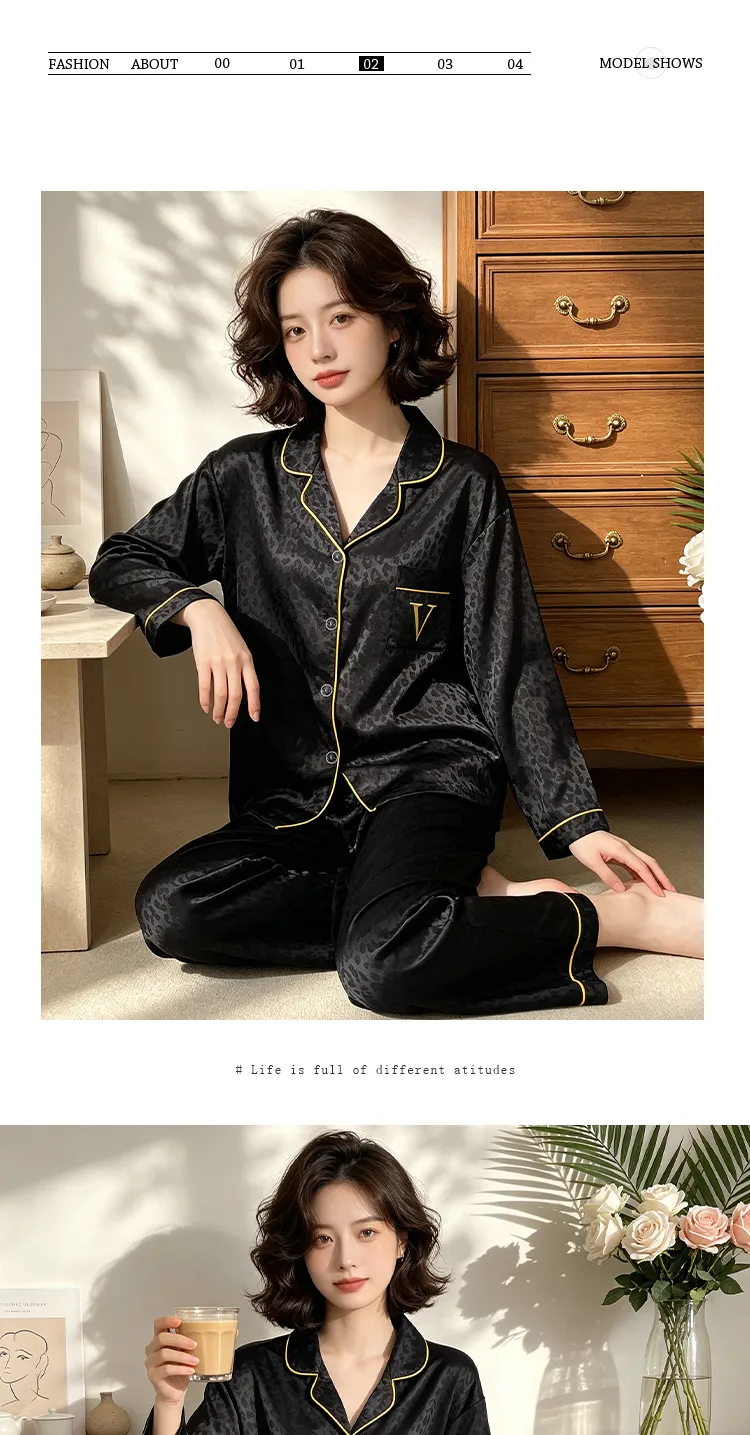 Ensemble de pyjama en fausse soie à manches longues avec motif léopard jacquard, style minimaliste haut de gamme tendance Ins, réf. 23149 de Yuanxing · Grossiste · OEM · Mondial - Detail 6