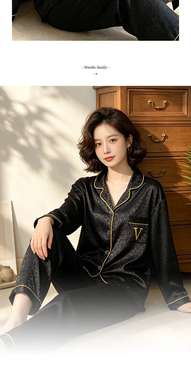 Ensemble de pyjama en fausse soie à manches longues avec motif léopard jacquard, style minimaliste haut de gamme tendance Ins, réf. 23149 de Yuanxing · Grossiste · OEM · Mondial - Detail 10