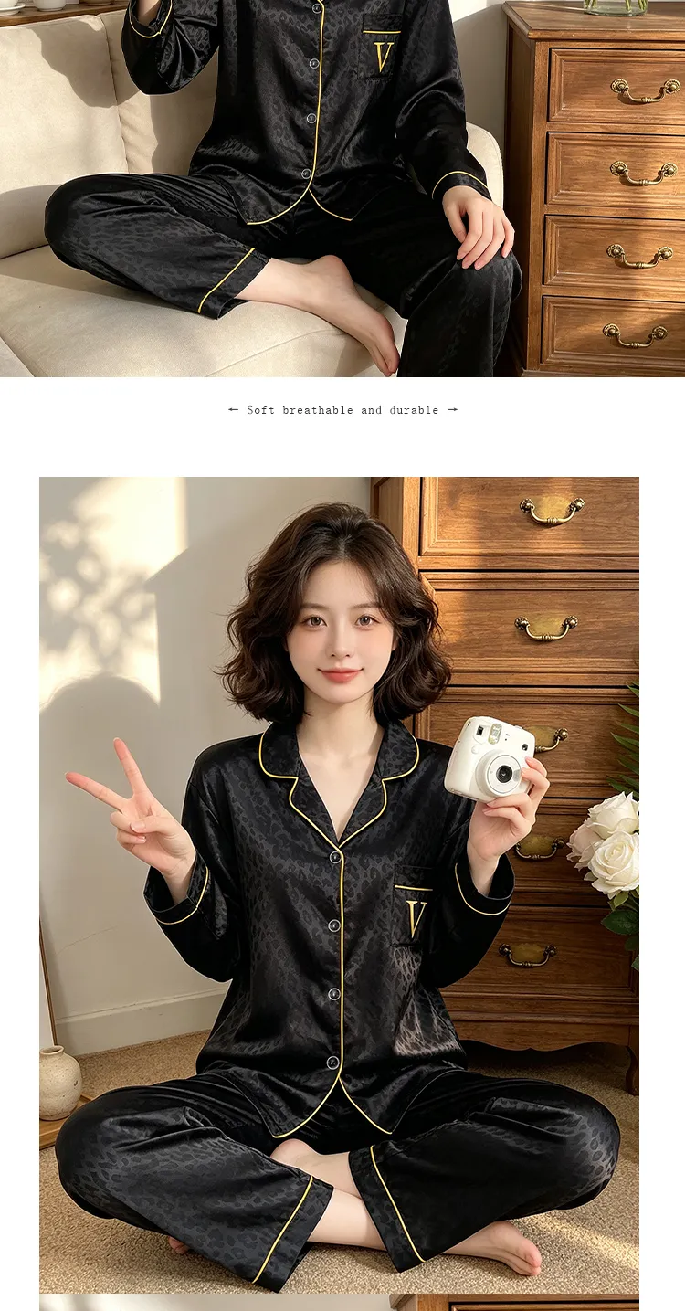 Ensemble de pyjama en fausse soie à manches longues avec motif léopard jacquard, style minimaliste haut de gamme tendance Ins, réf. 23149 de Yuanxing · Grossiste · OEM · Mondial - Detail 7