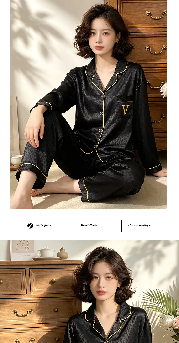 Ensemble de pyjama en fausse soie à manches longues avec motif léopard jacquard, style minimaliste haut de gamme tendance Ins, réf. 23149 de Yuanxing · Grossiste · OEM · Mondial - Detail 8