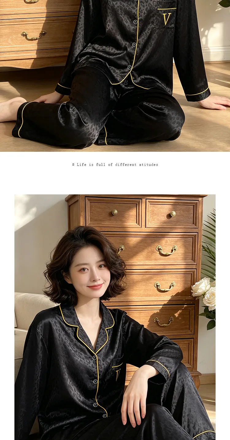 Ensemble de pyjama en fausse soie à manches longues avec motif léopard jacquard, style minimaliste haut de gamme tendance Ins, réf. 23149 de Yuanxing · Grossiste · OEM · Mondial - Detail 9