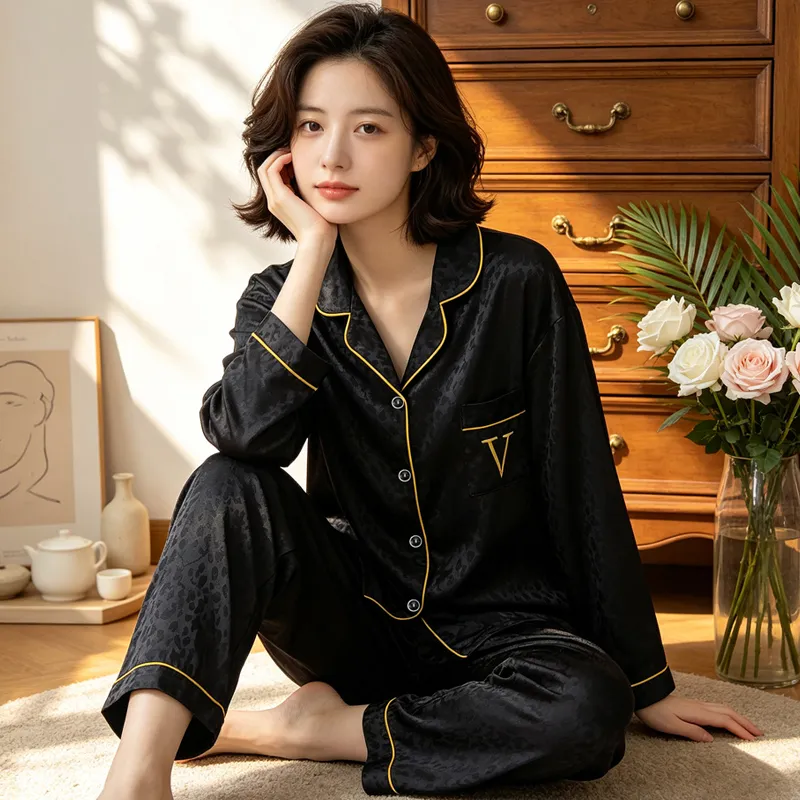 Ensemble de pyjama en fausse soie à manches longues avec motif léopard jacquard, style minimaliste haut de gamme tendance Ins, réf. 23149 de Yuanxing · Grossiste · OEM · Mondial - View 1