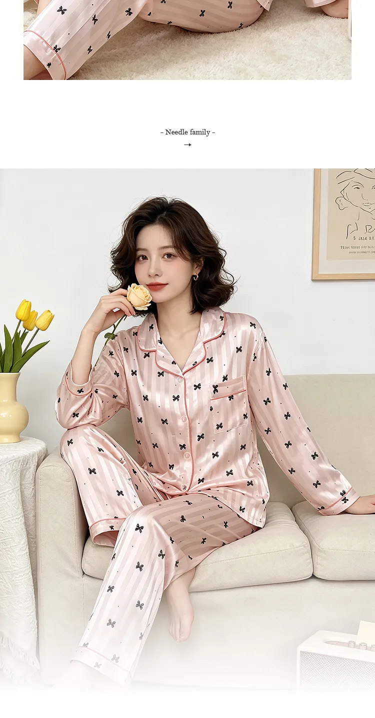 위안싱 23153 인스풍 고급스러운 심플 스타일 스트라이프 자카드 긴팔 홈웨어 인조 실크 파자마 세트 · 도매 · OEM · 전 세계 배송 - Detail 10