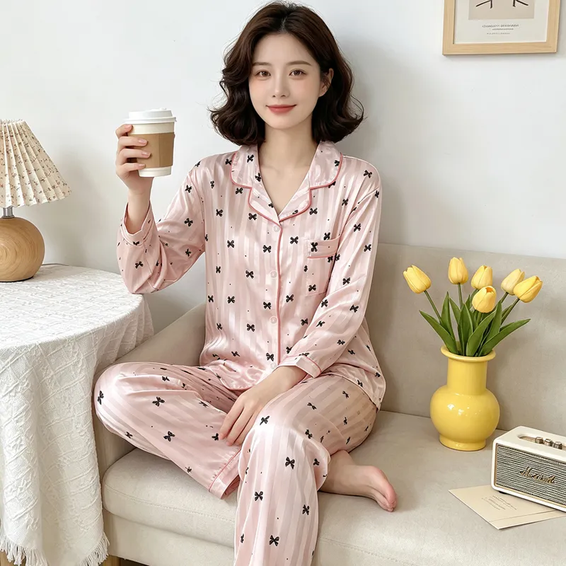 위안싱 23153 인스풍 고급스러운 심플 스타일 스트라이프 자카드 긴팔 홈웨어 인조 실크 파자마 세트 · 도매 · OEM · 전 세계 배송 - View 3