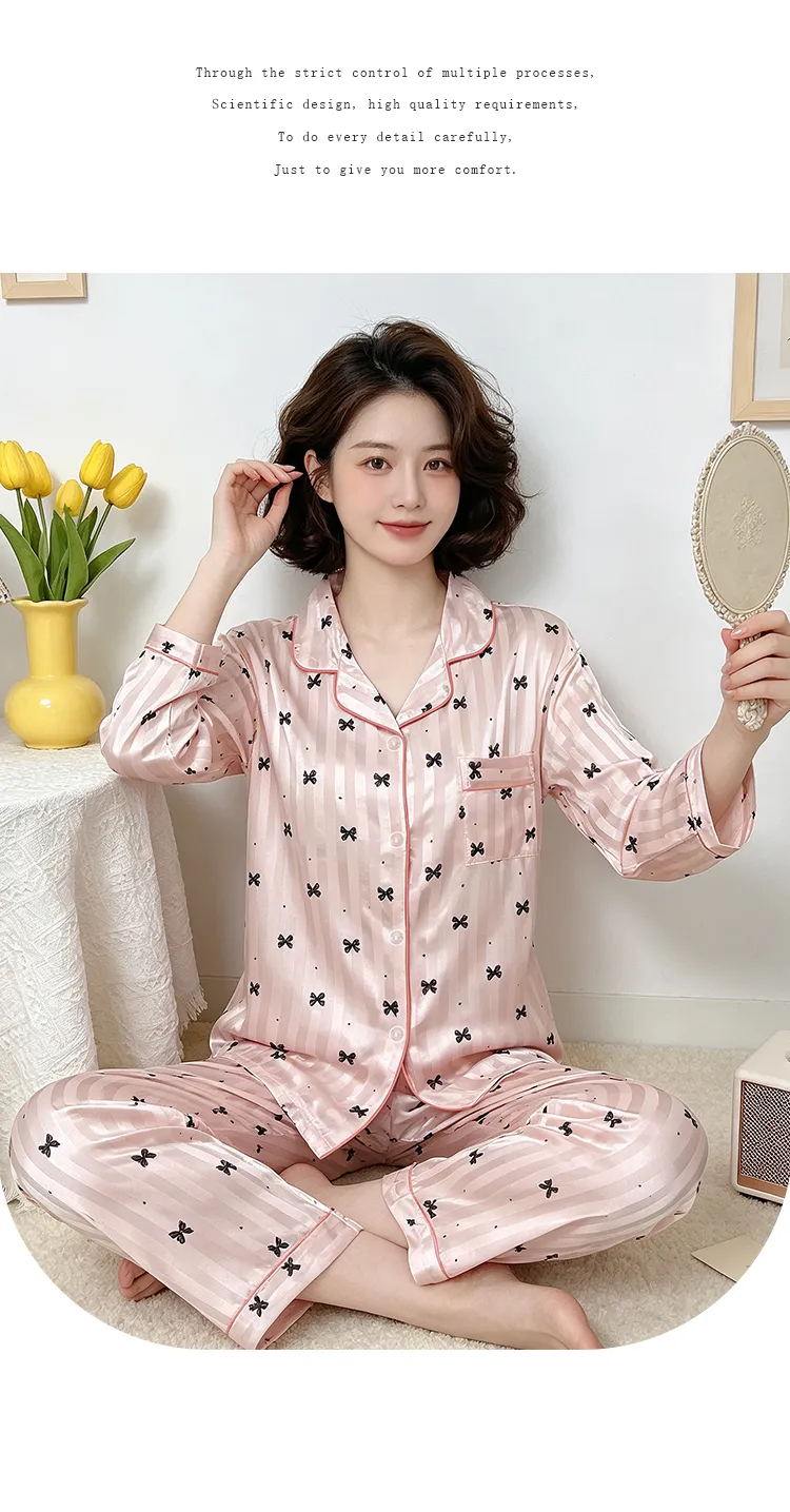 위안싱 23153 인스풍 고급스러운 심플 스타일 스트라이프 자카드 긴팔 홈웨어 인조 실크 파자마 세트 · 도매 · OEM · 전 세계 배송 - Detail 11