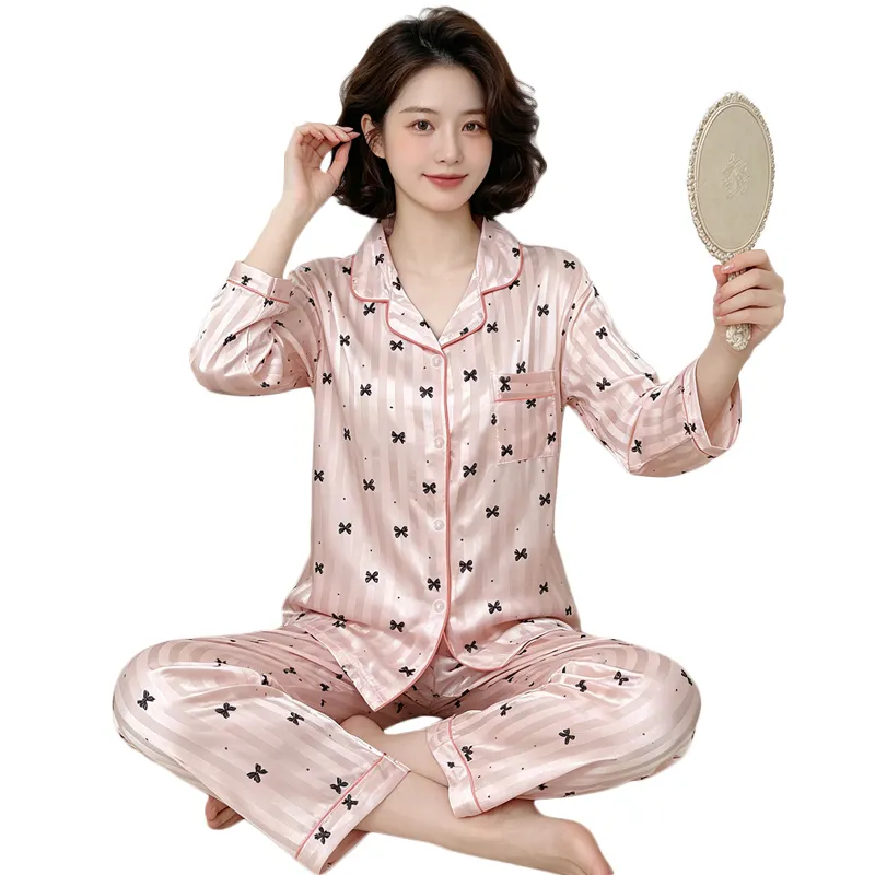 위안싱 23153 인스풍 고급스러운 심플 스타일 스트라이프 자카드 긴팔 홈웨어 인조 실크 파자마 세트 · 도매 · OEM · 전 세계 배송 - View 4